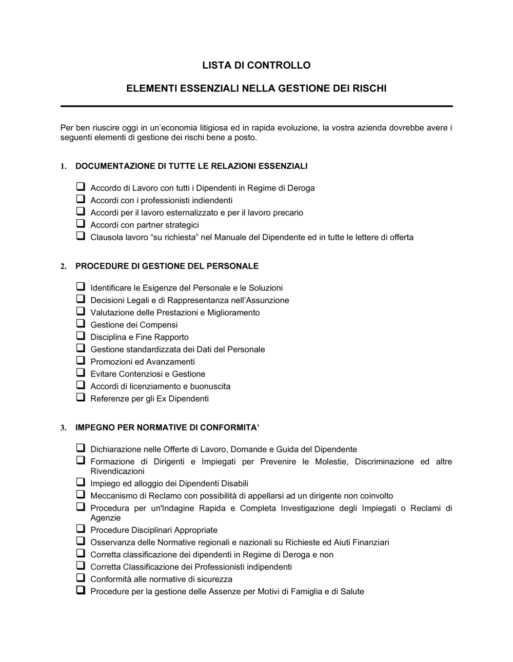 Business-in-a-Box's Lista di controllo elementi essenziali nella gestione dei rischi