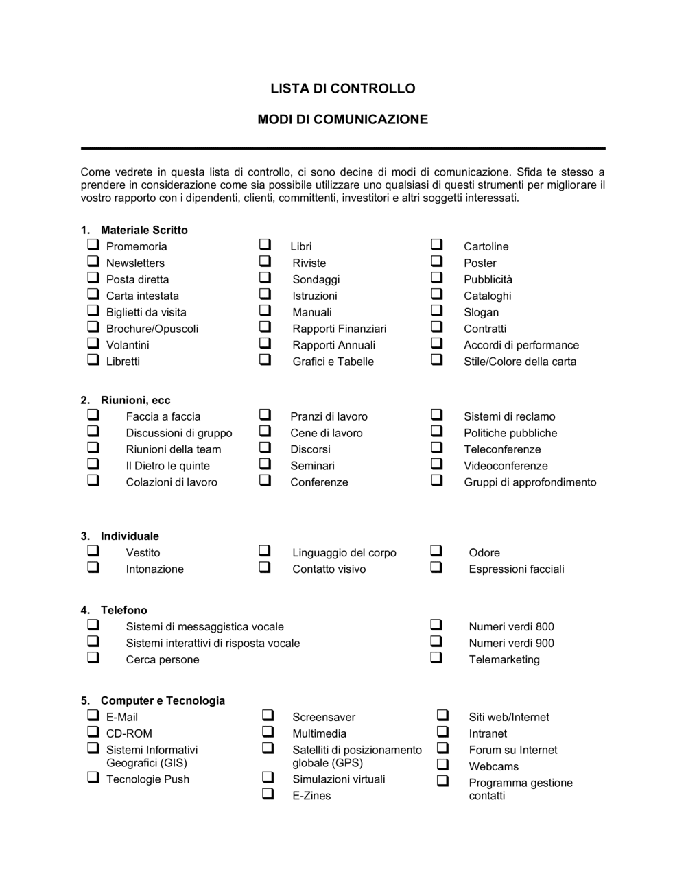 Business-in-a-Box's Lista di controllo modi di comunicazione