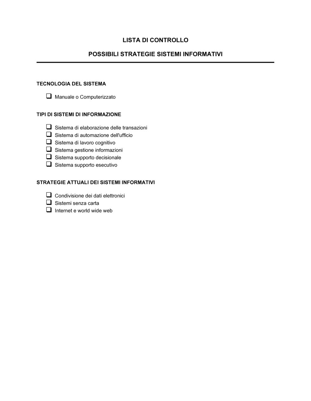 Business-in-a-Box's Lista di controllo possibili strategie sistemi informativi