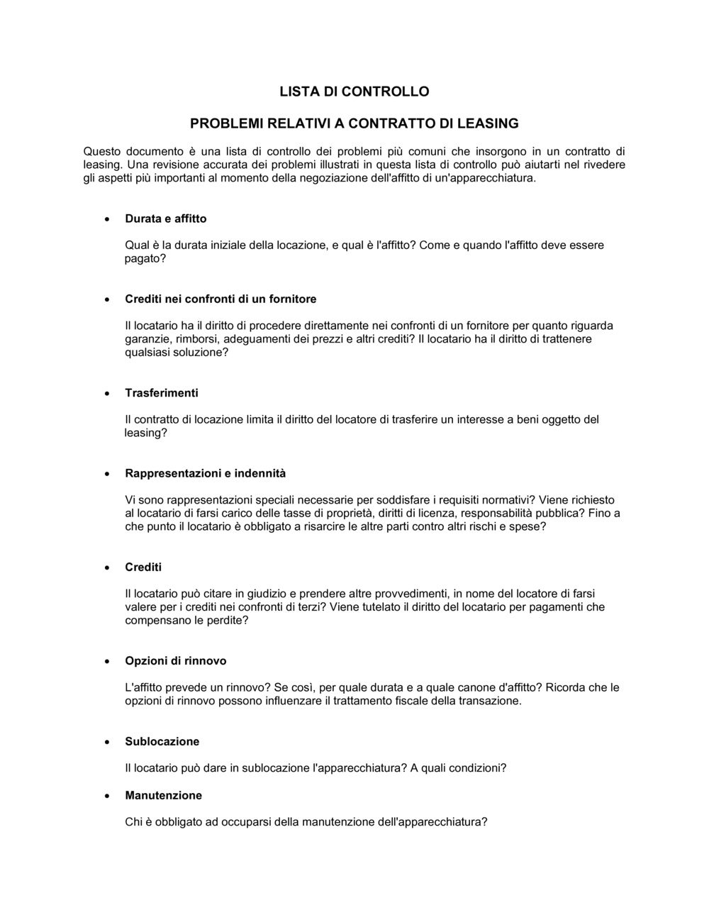 Business-in-a-Box's Lista di controllo problemi relativi a contratto di leasing