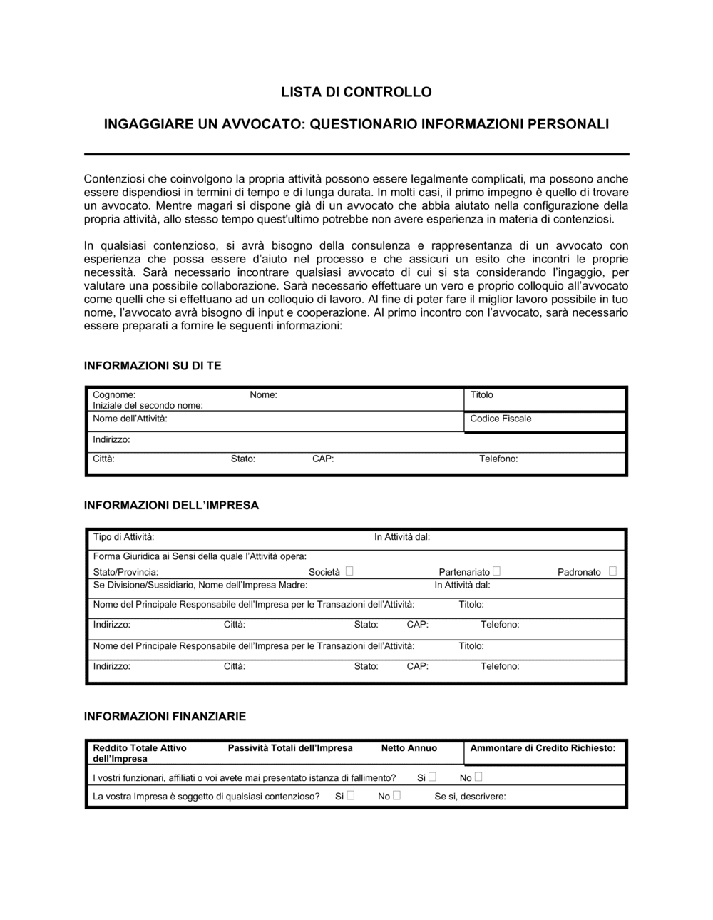 Business-in-a-Box's Lista di controllo questionario per ingaggiare un avvocato