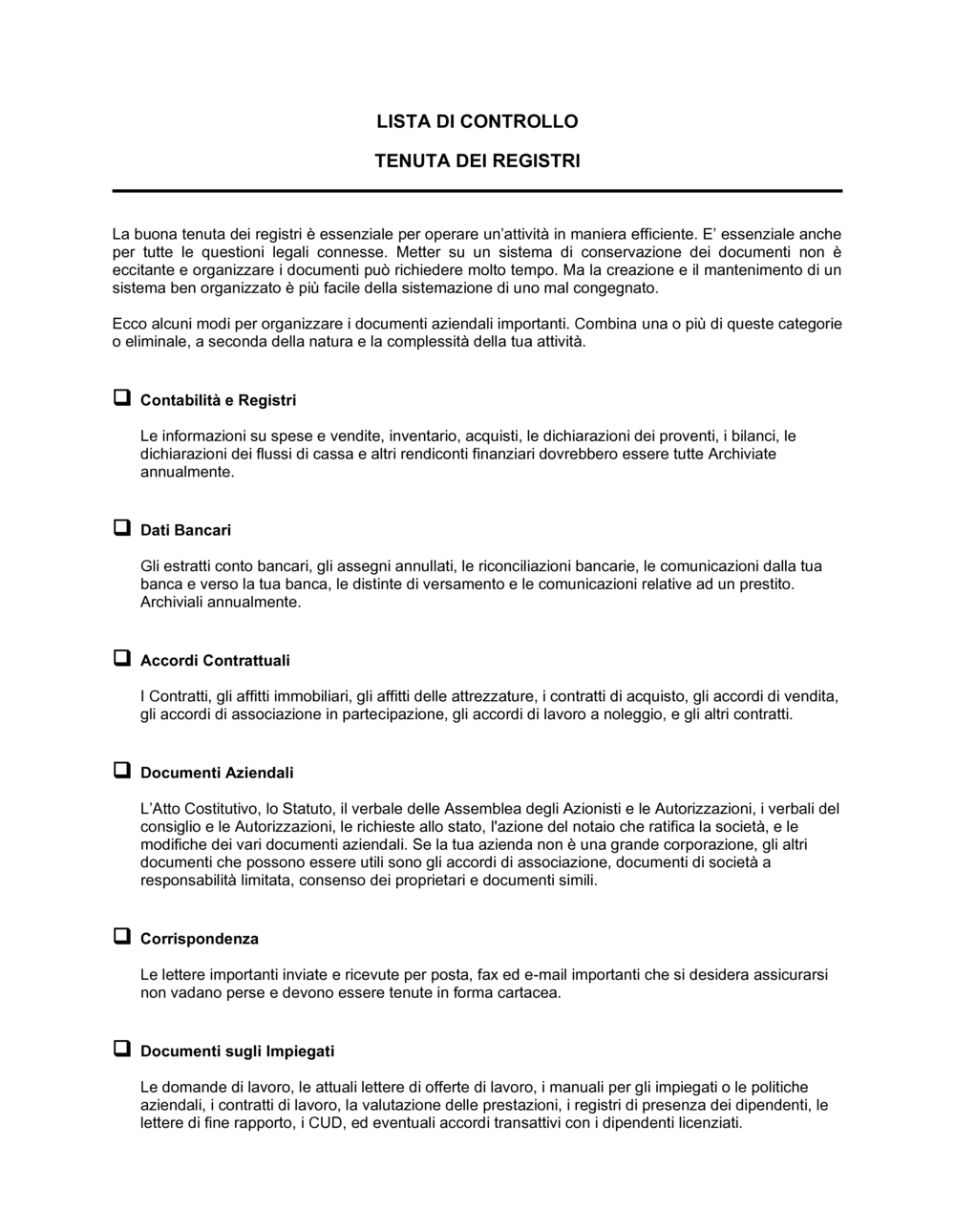 Business-in-a-Box's Lista di controllo tenuta dei registri