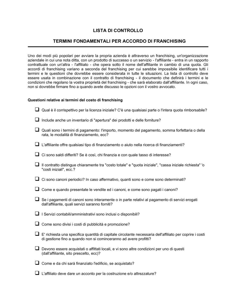 Business-in-a-Box's Lista di controllo termini per accordo di franchising