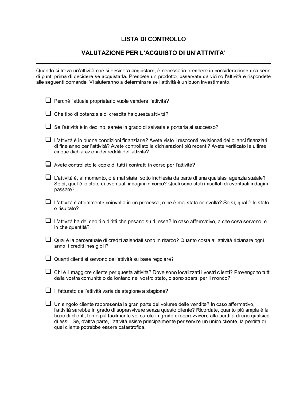 Business-in-a-Box's Lista di controllo valutazione per l'acquisto di un'attività