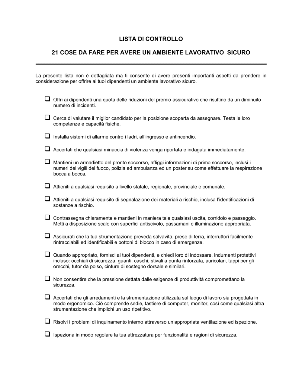 Business-in-a-Box's Lista per ambiente lavoro sicuro