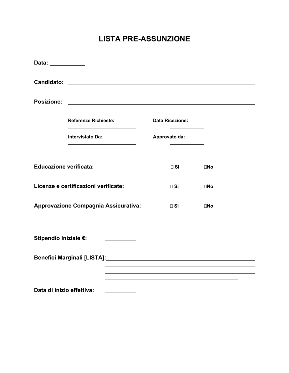 Business-in-a-Box's Lista preassunzione