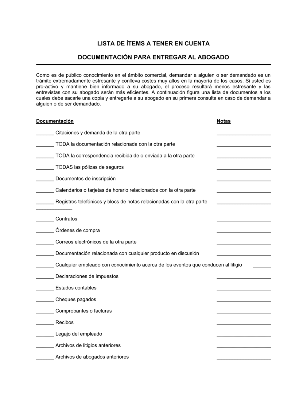 Business-in-a-Box's Listado de documentación para entregar al abogado