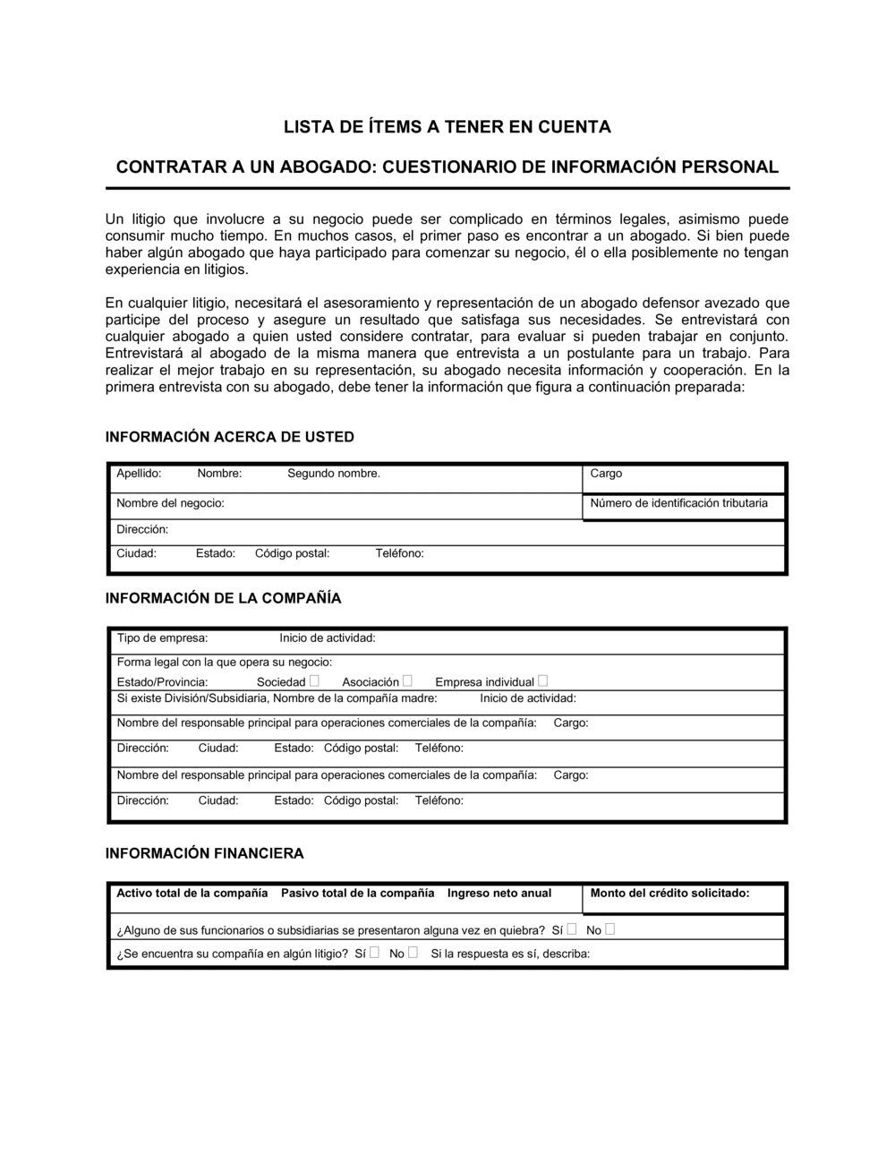 Business-in-a-Box's Listado de preguntas a tener en cuenta al momento de contratar a un abogado