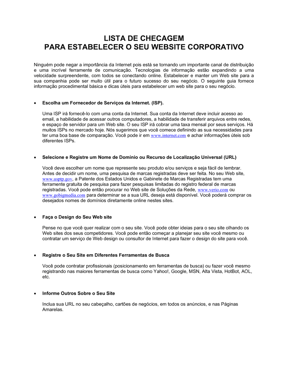 Business-in-a-Box's Listas de Conferência Para Estabelecer um Website