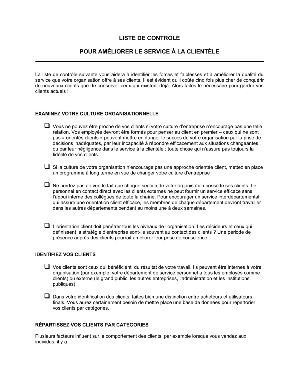 Business-in-a-Box's Liste de contrôle pour amélioration du service à la clientèle