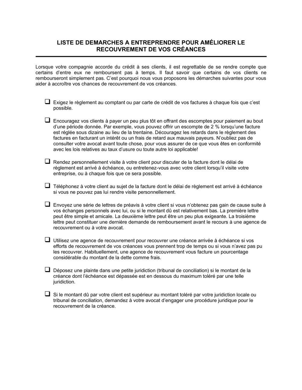 Business-in-a-Box's Liste de démarches pour améliorer le recouvrement de vos créances