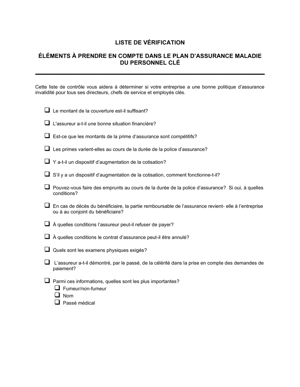 Business-in-a-Box's Liste de vérification  Éléments à prendre en compte dans le plan d'assurance