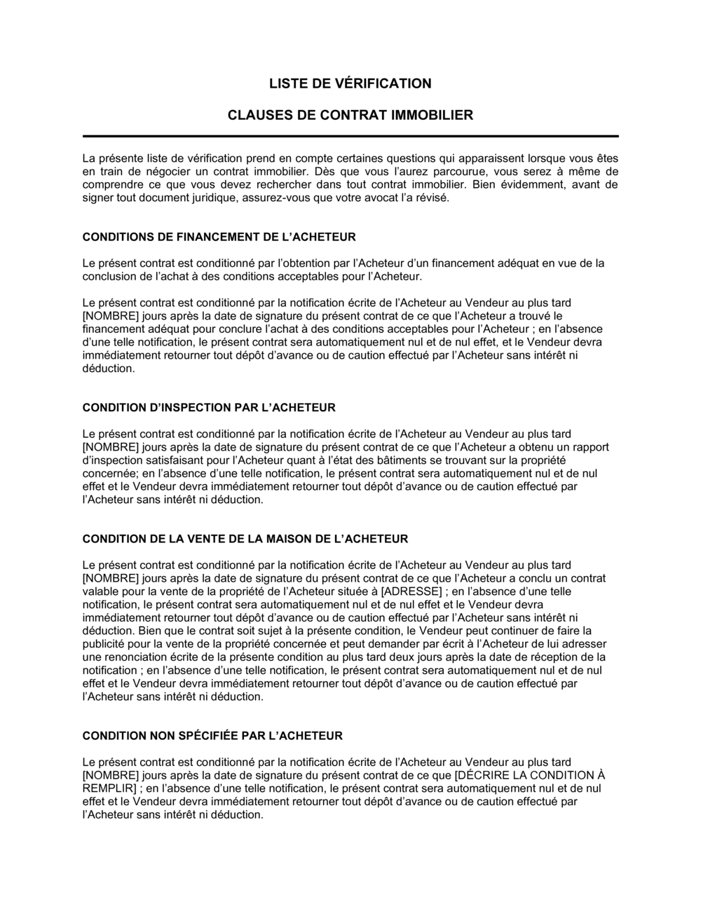 Business-in-a-Box's Liste de vérification des clauses du contrat immobilier