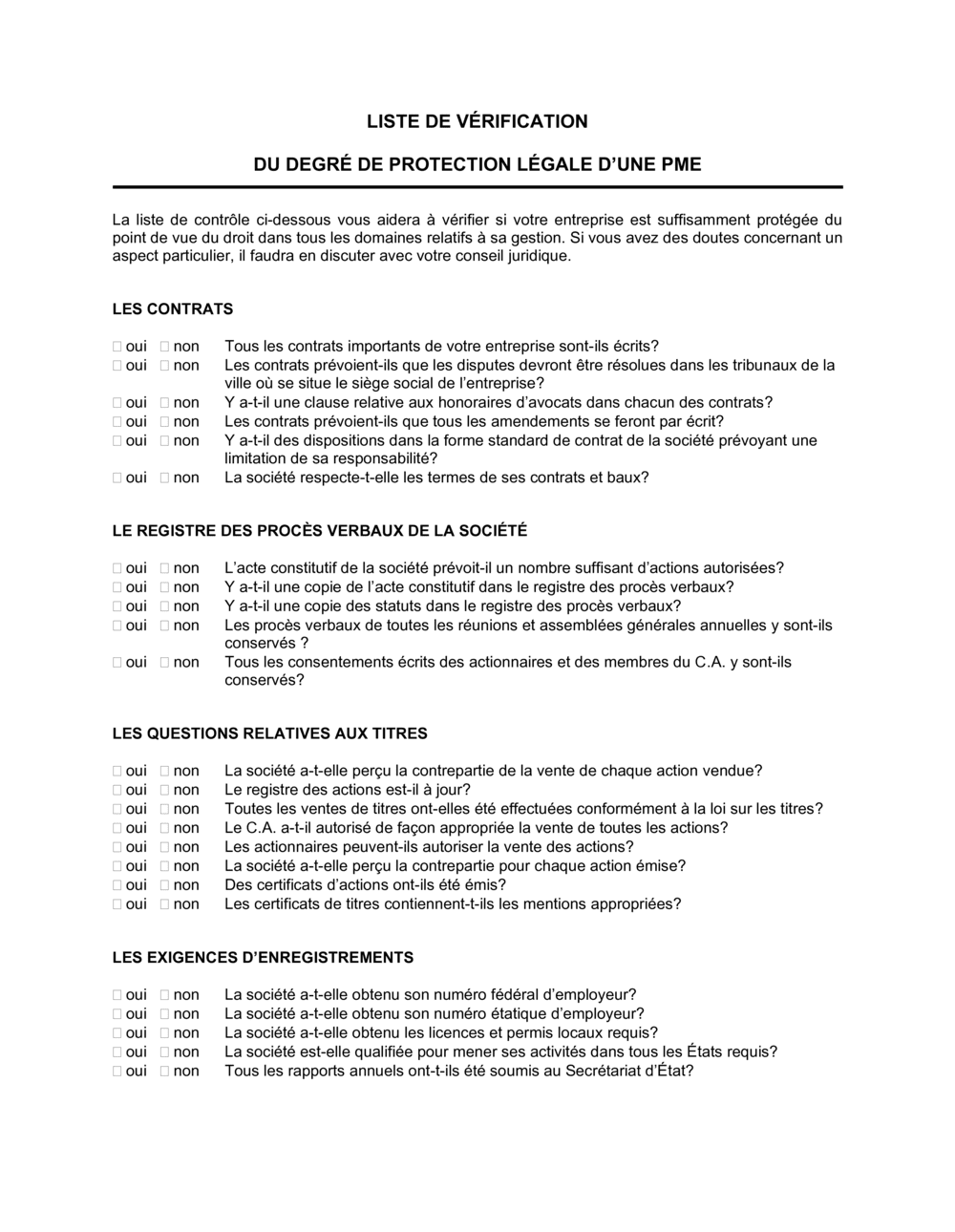 Business-in-a-Box's Liste de vérification du degré de protection légale d'une PME