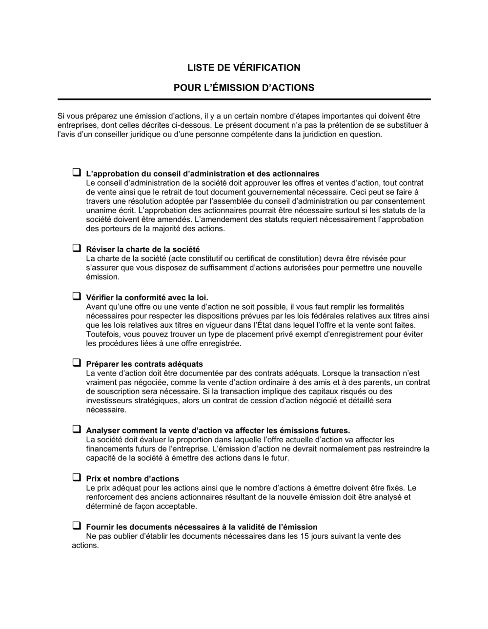 Business-in-a-Box's Liste de vérification pour l'émission d'actions