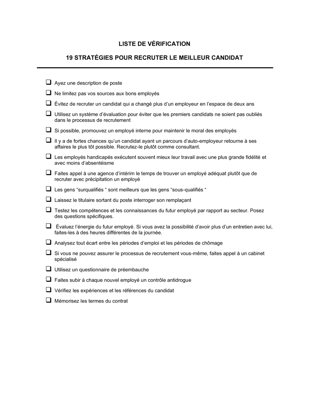 Business-in-a-Box's Liste de vérification 19 règles pour un bon recrutement
