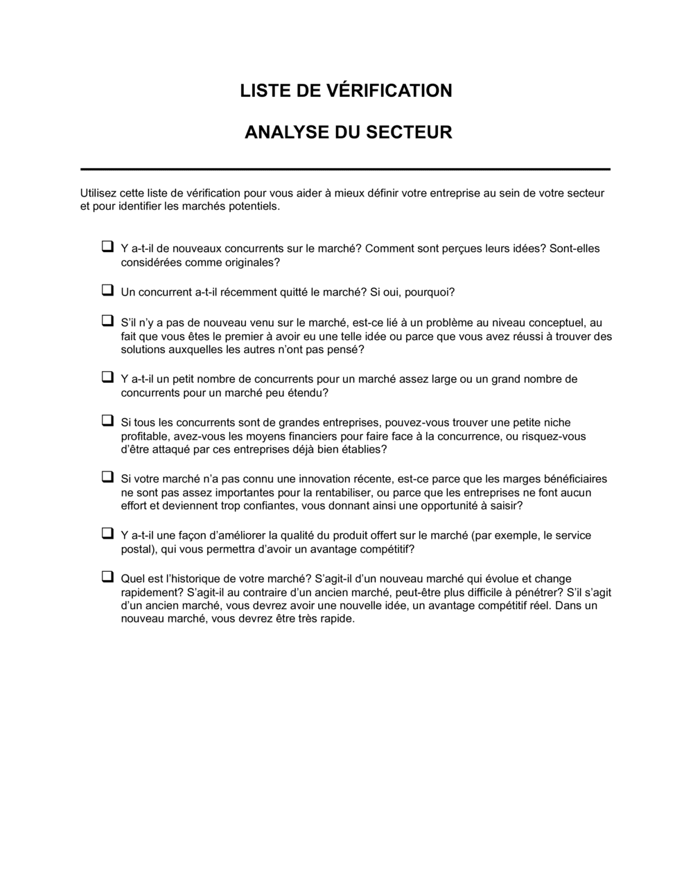 Business-in-a-Box's Liste de vérification Analyse du secteur