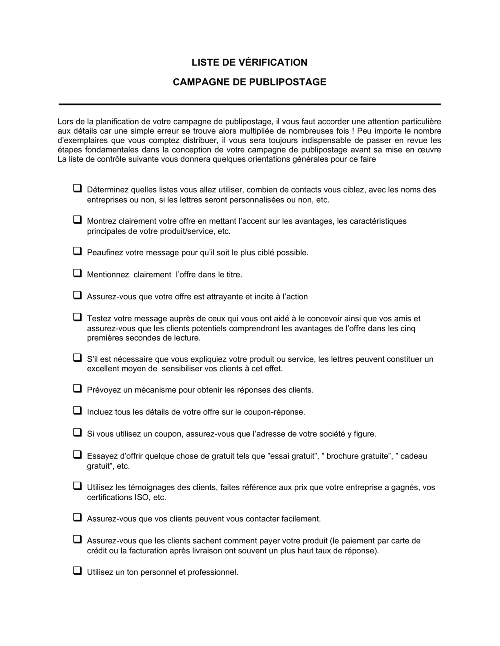 Business-in-a-Box's Liste de vérification Campagne de publipostage
