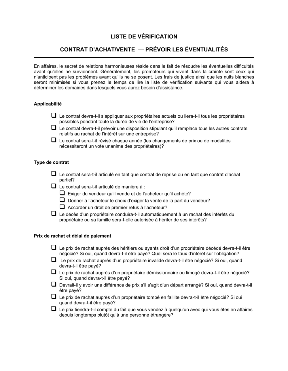 Business-in-a-Box's Liste de vérification Contrat d'achat et vente_Prévoir les éventualités