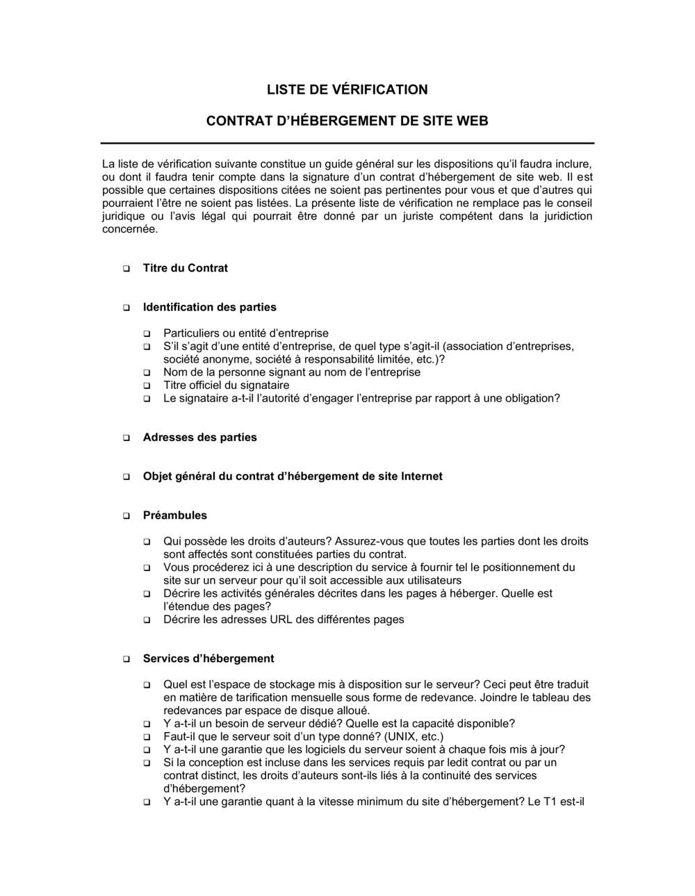 Business-in-a-Box's Liste de vérification Contrat d'hébergement de site