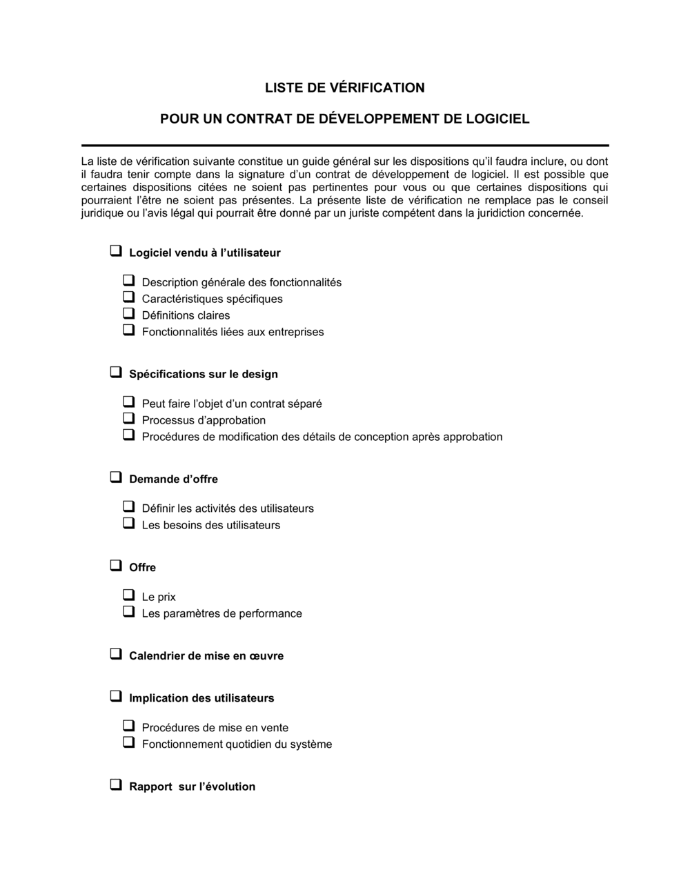 Business-in-a-Box's Liste de vérification Contrat de développement de logiciel