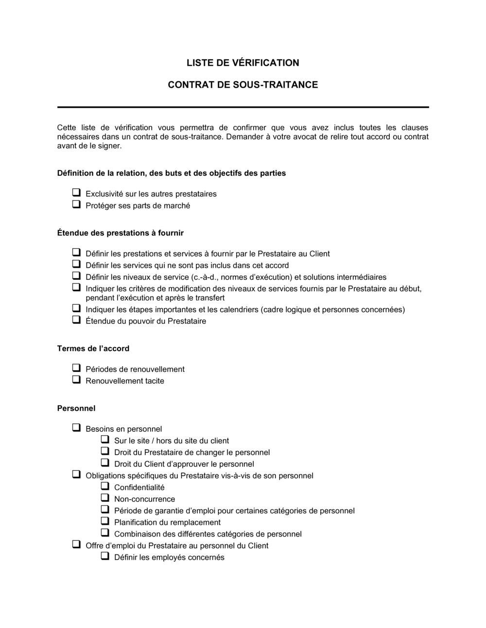 Business-in-a-Box's Liste de vérification Contrat de sous-traitance