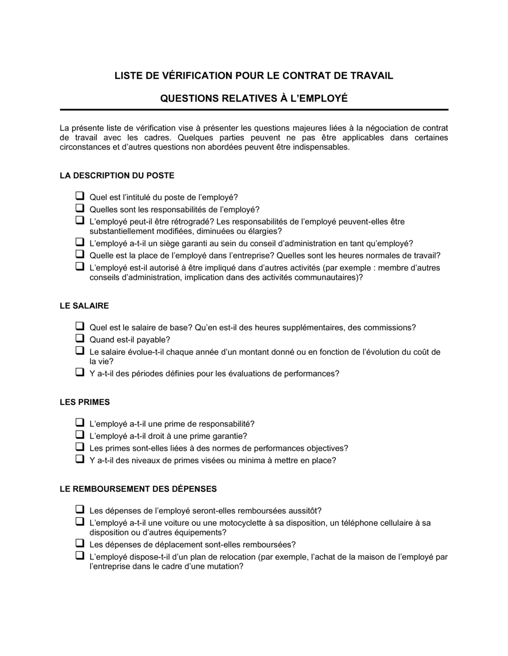Business-in-a-Box's Liste de vérification Contrat de Travail_Questions relatives à l'employé