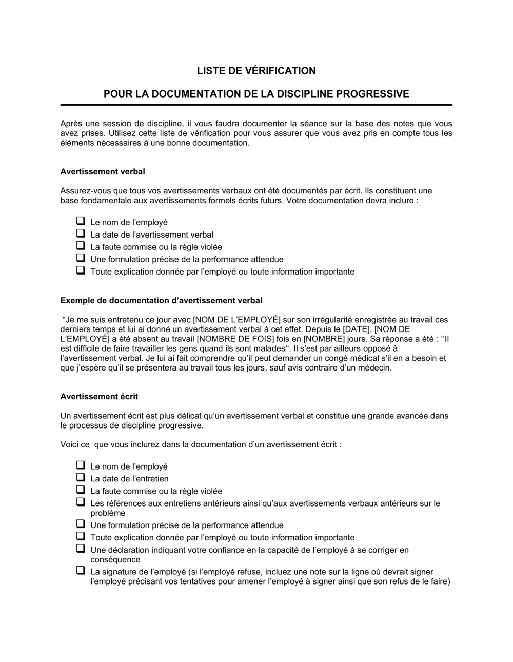 Business-in-a-Box's Liste de vérification Documentation du processus de discipline