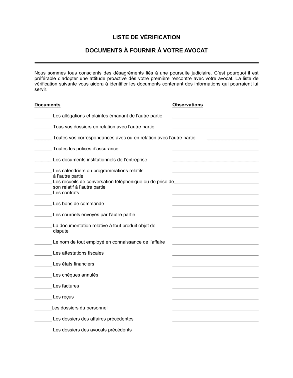 Business-in-a-Box's Liste de vérification Documents à fournir à votre avocat