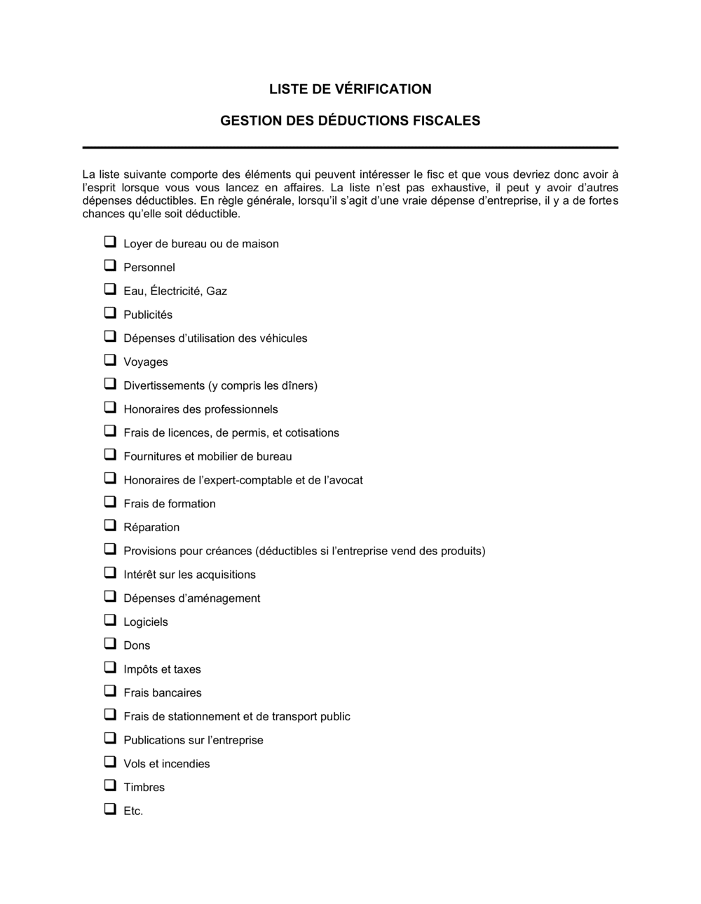 Business-in-a-Box's Liste de vérification Déductions fiscales