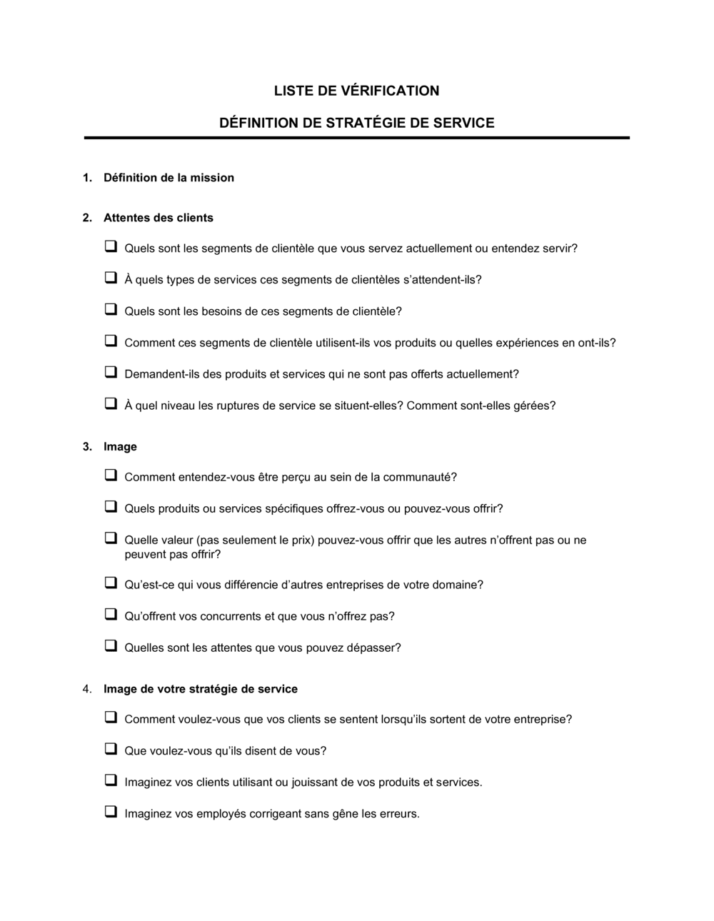 Business-in-a-Box's Liste de vérification Définition de stratégie de service