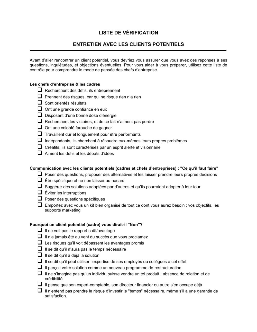 Business-in-a-Box's Liste de vérification Entrevue avec les prospects