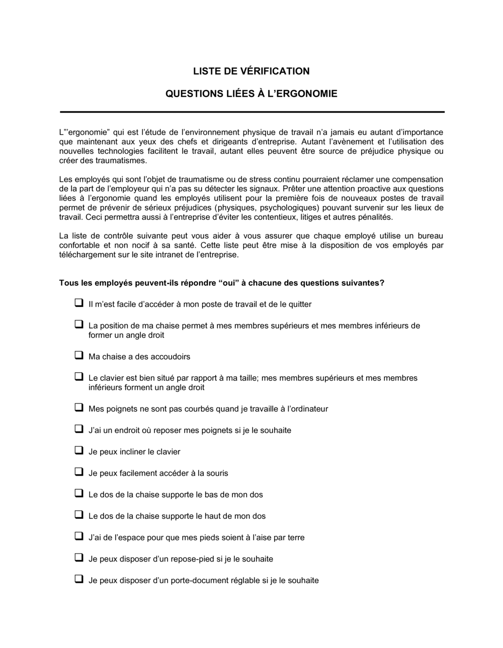 Business-in-a-Box's Liste de vérification Ergonomie