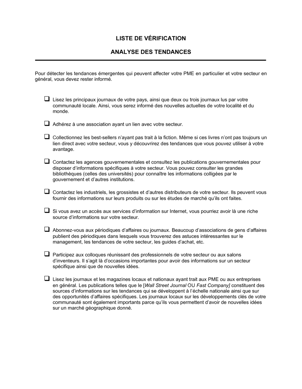 Business-in-a-Box's Liste de vérification Pour l'analyse des tendances
