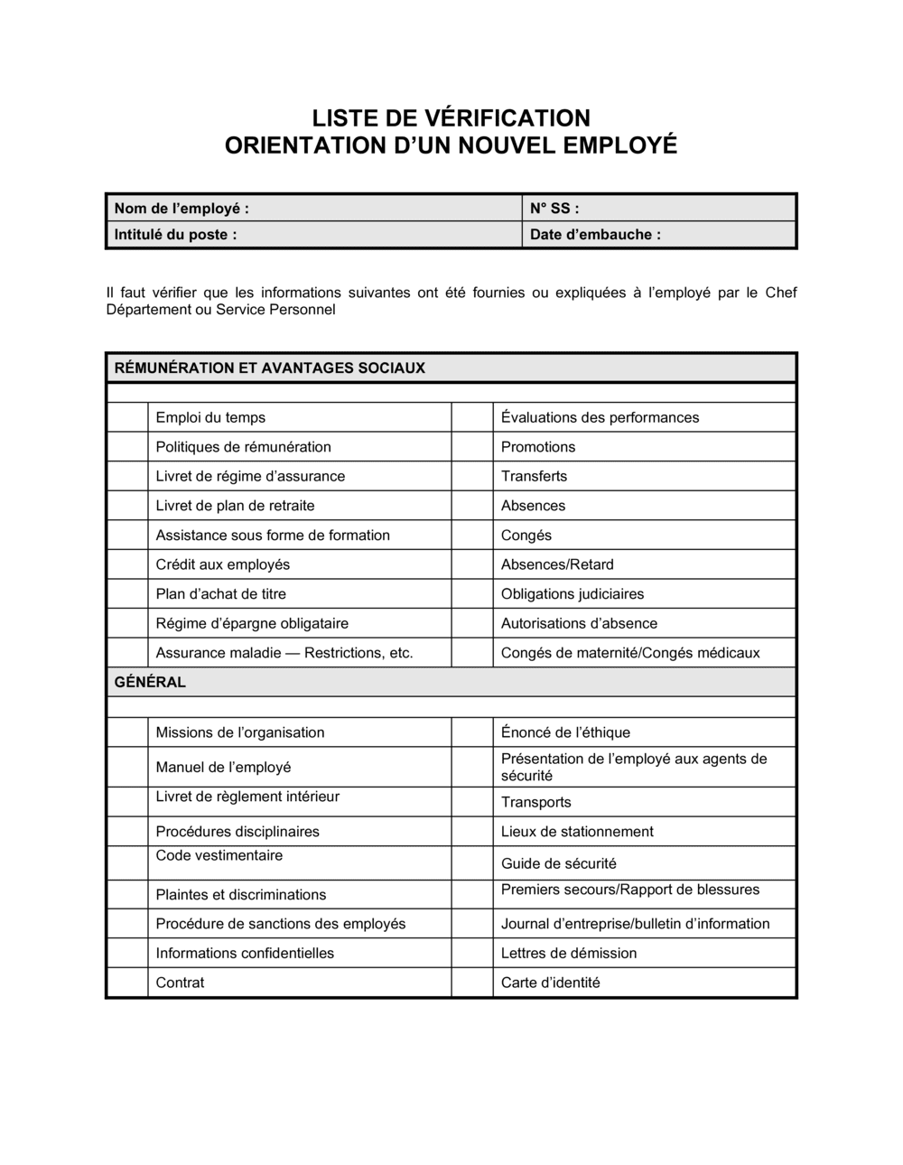 Business-in-a-Box's Liste de vérification Pour l'orientation d'un nouvel employé