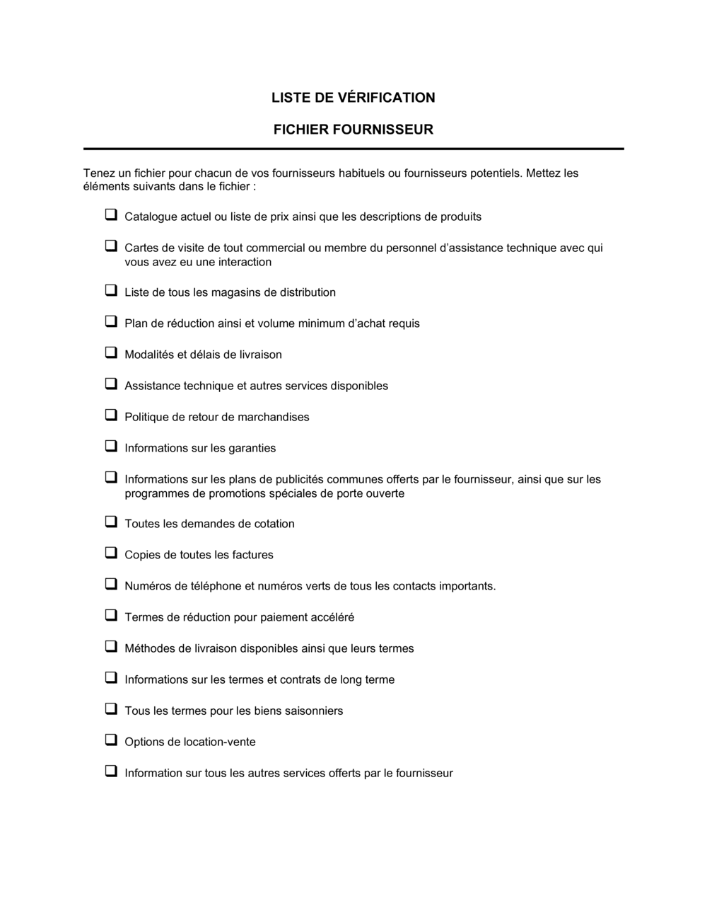 Business-in-a-Box's Liste de vérification Pour l'établissement du fichier fournisseur
