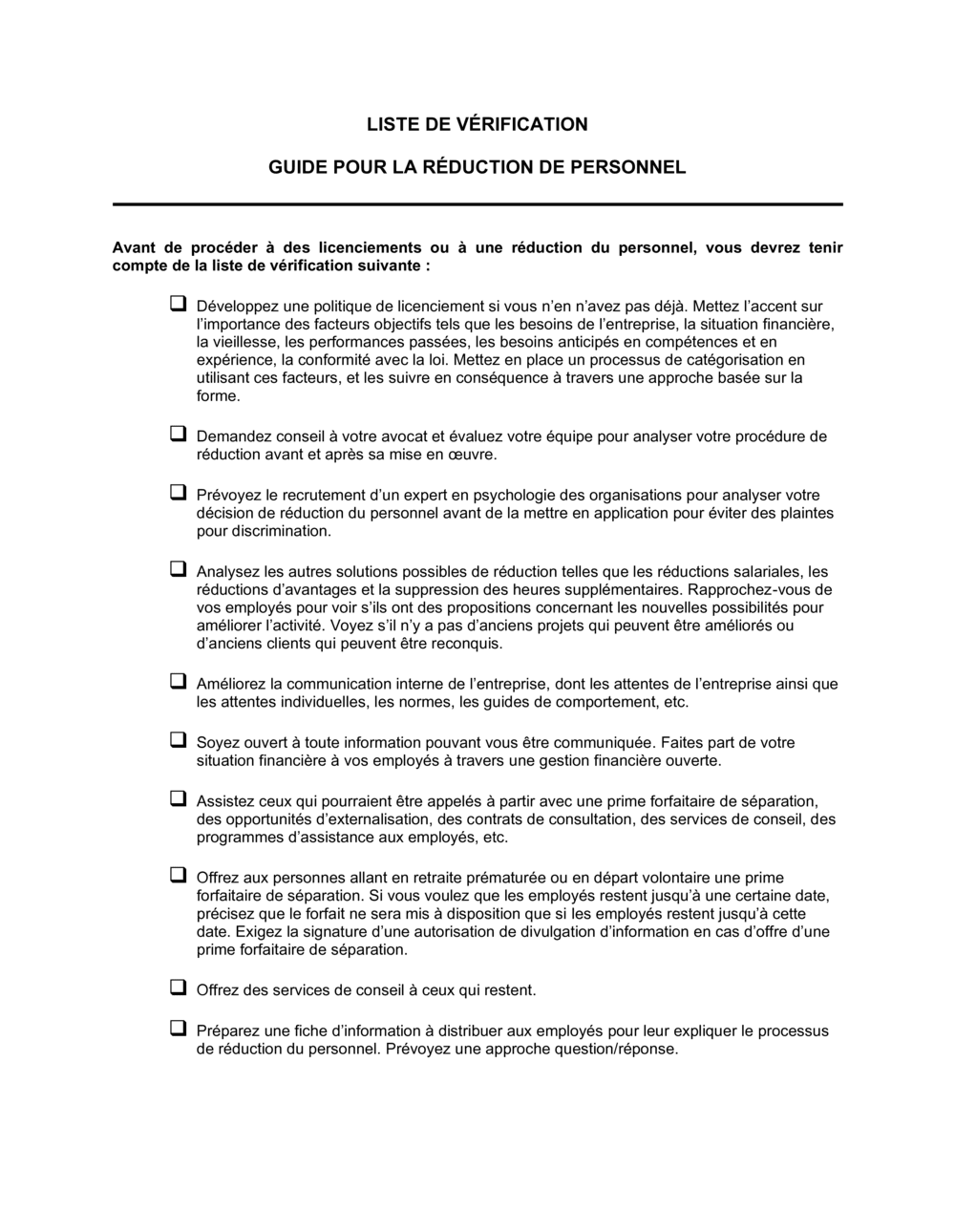 Business-in-a-Box's Liste de vérification Pour la réduction de personnel