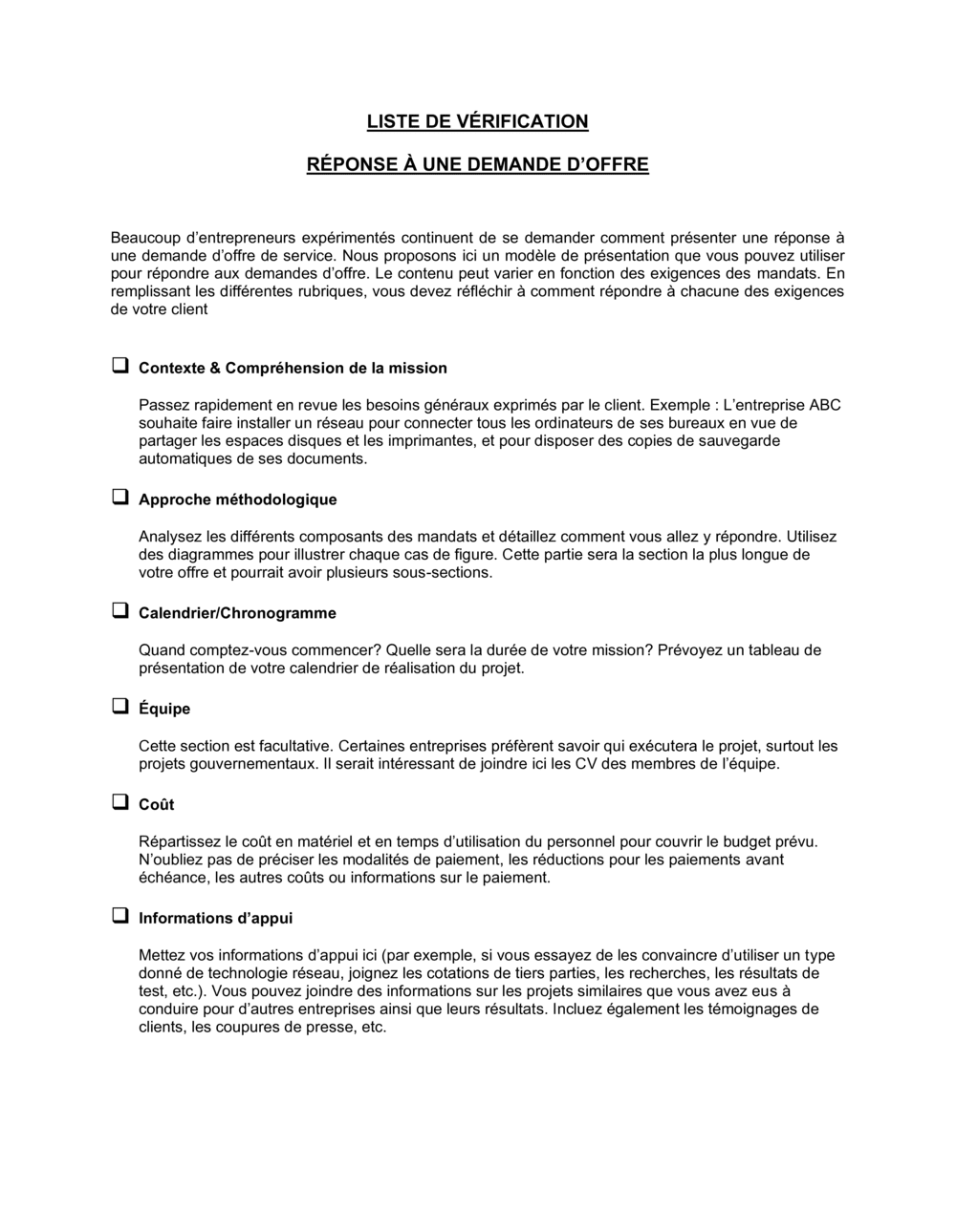 Business-in-a-Box's Liste de vérification Pour la réponse à une demande offre
