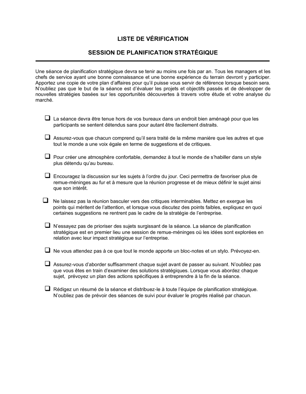 Business-in-a-Box's Liste de vérification Pour la tenue d'une session de planification stratégique