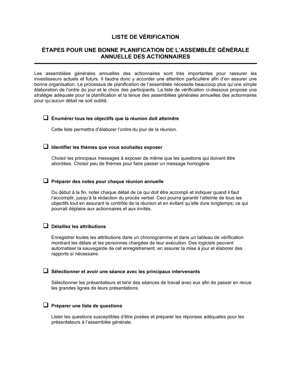 Business-in-a-Box's Liste de vérification Pour la tenue de l'Assemblée Générale