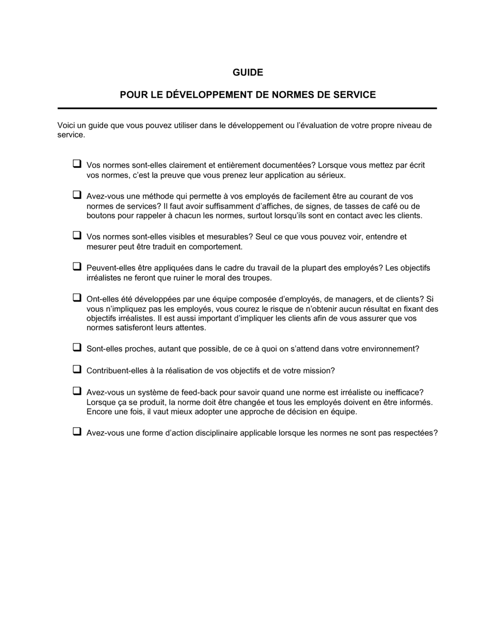 Business-in-a-Box's Liste de vérification Pour le développement de normes de service