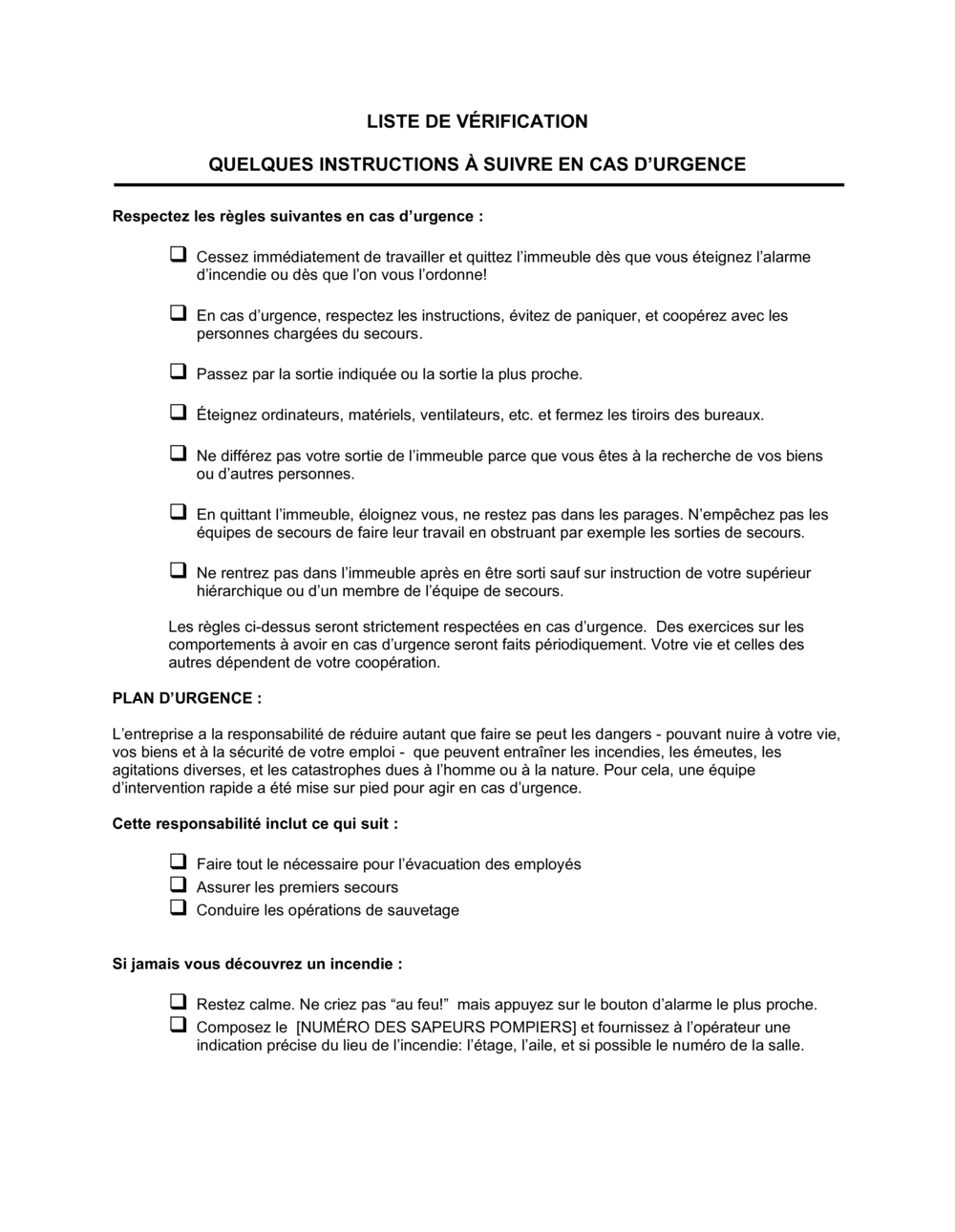 Business-in-a-Box's Liste de vérification Procédures d'urgence