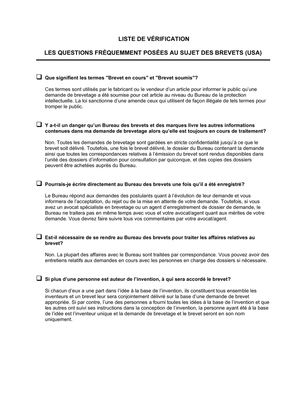 Business-in-a-Box's Liste de vérification Questions fréquemment posées au sujet des brevets (USA)
