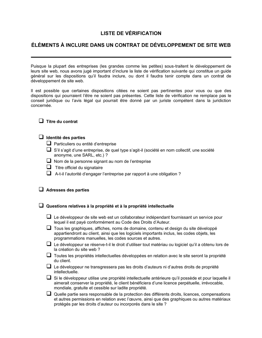 Business-in-a-Box's Liste de vérification Questions relatives au contrat de développement de sites