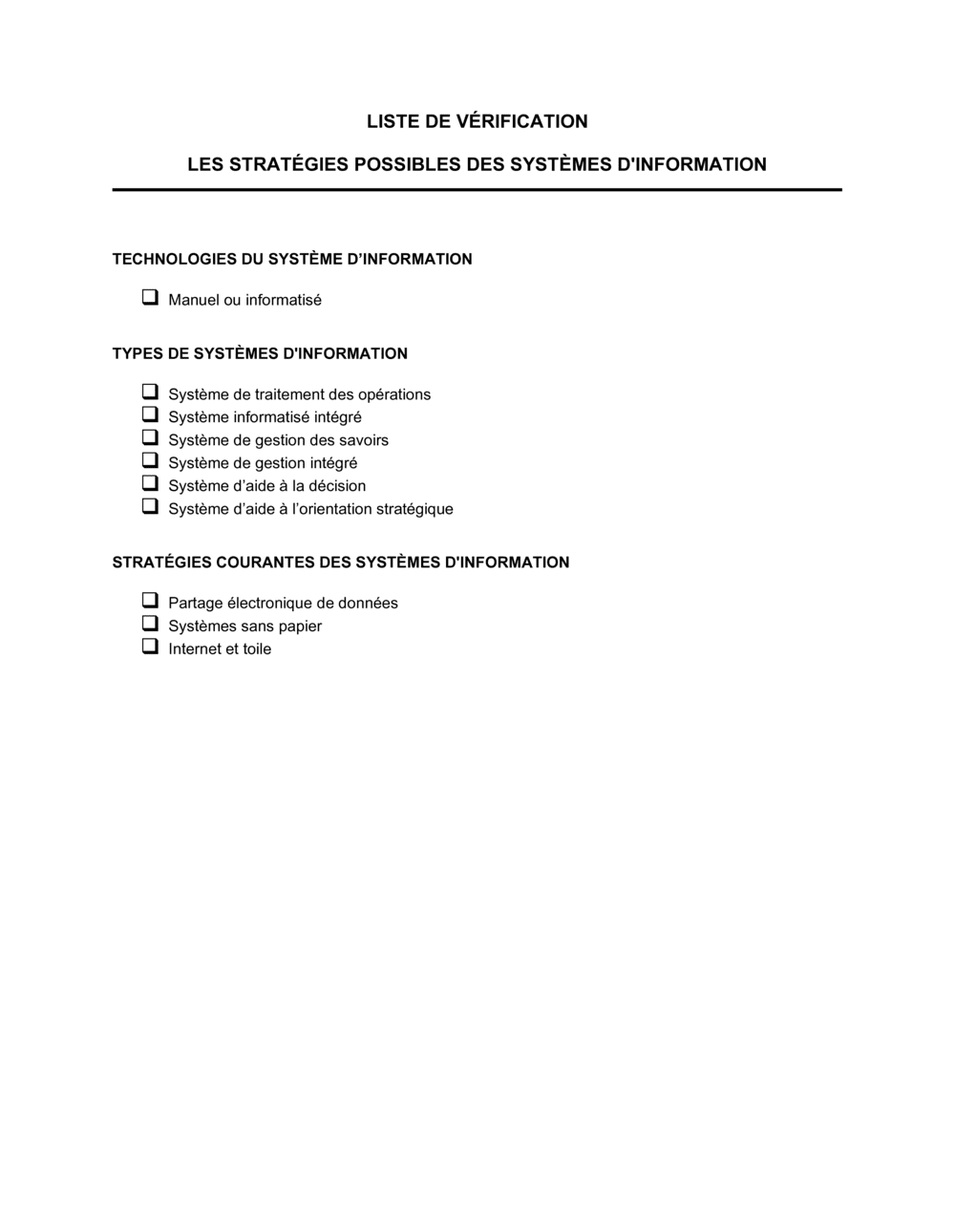 Business-in-a-Box's Liste de vérification Stratégies possibles de gestion de systèmes d'information