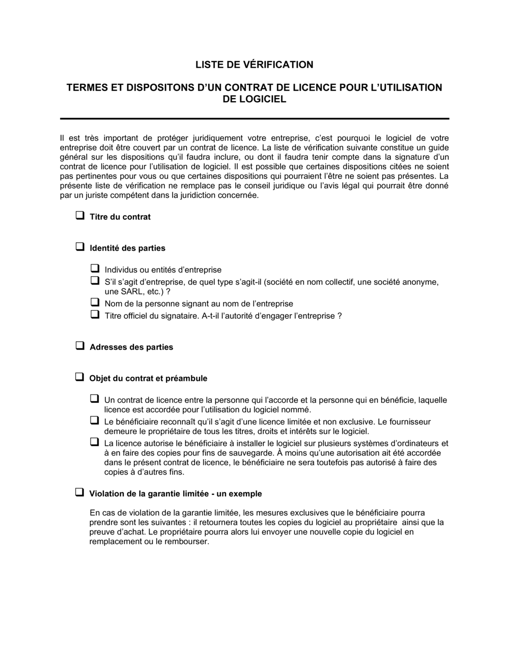 Business-in-a-Box's Liste de vérification Termes d'un contrat de licence de logiciel