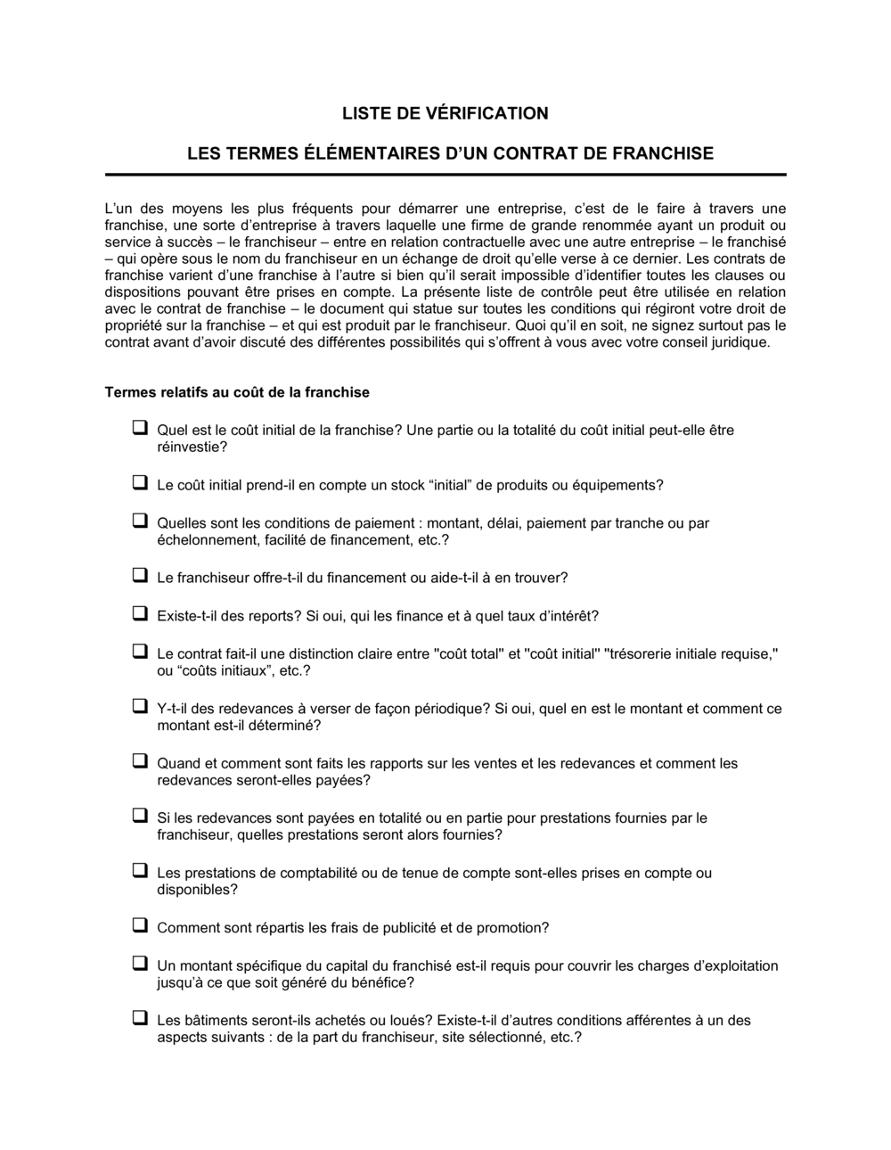 Business-in-a-Box's Liste de vérification Termes élémentaires d'un contrat de franchise