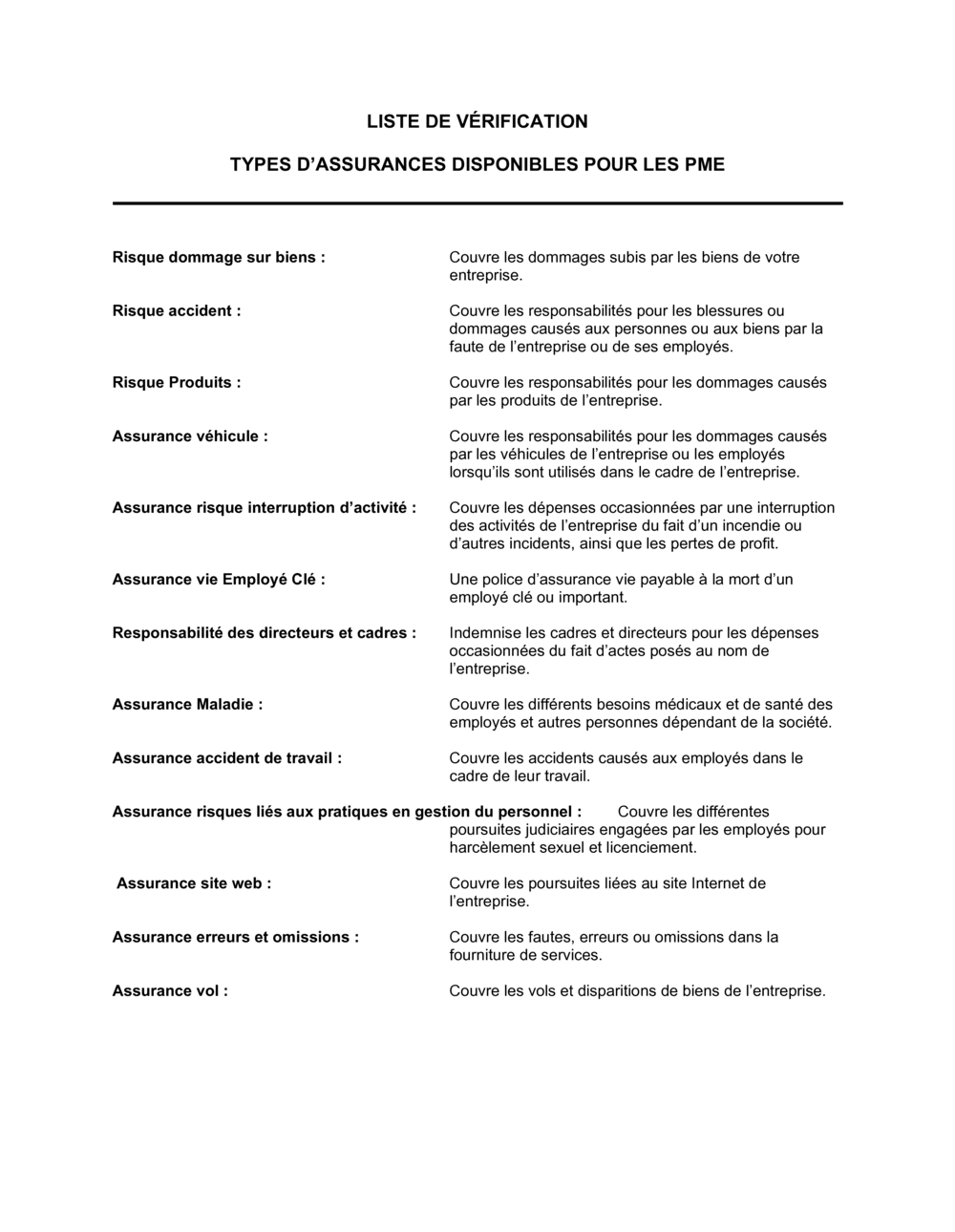 Business-in-a-Box's Liste de vérification Types d'assurances disponibles pour les PME