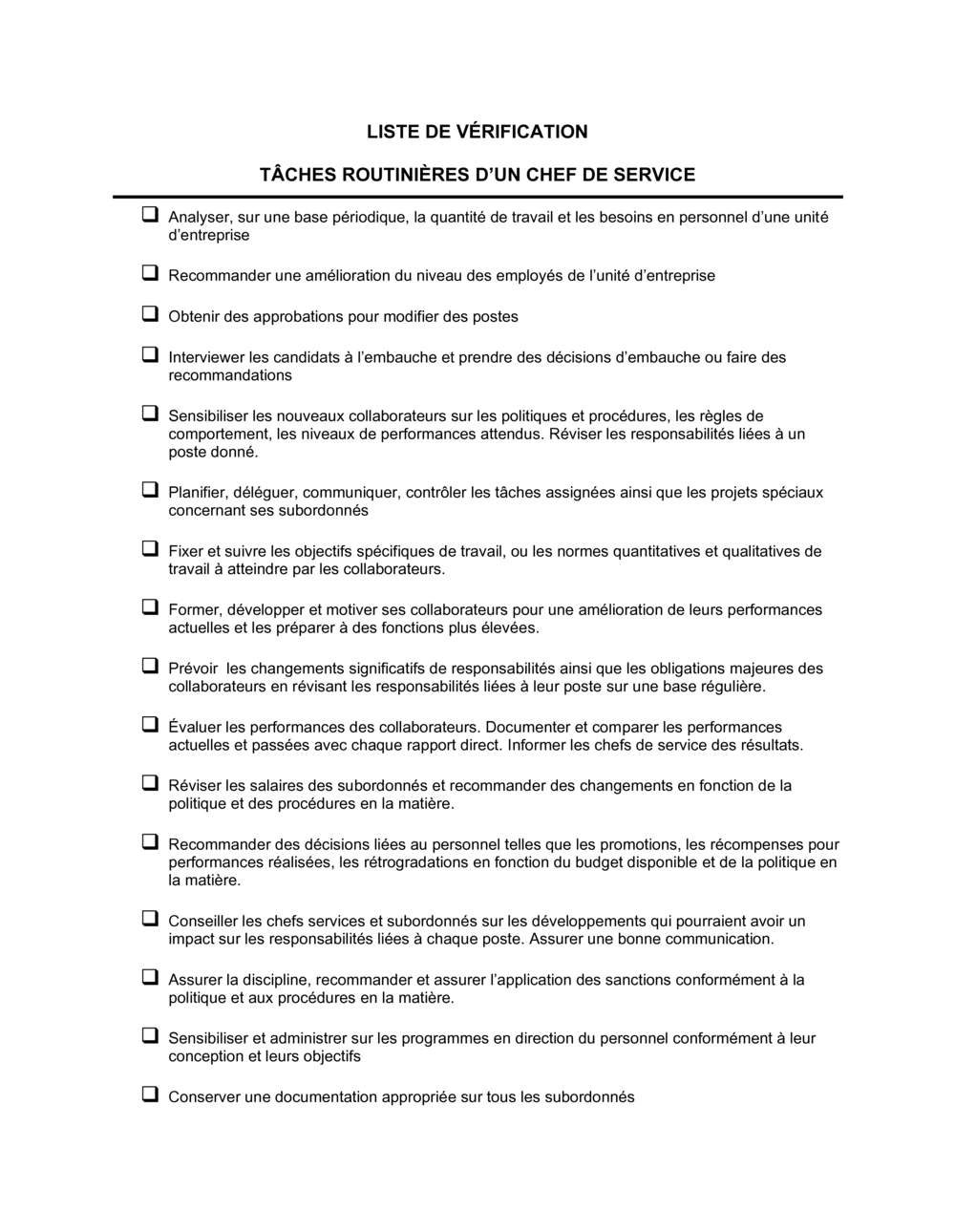 Business-in-a-Box's Liste de vérification Tâches routinières d'un chef de service