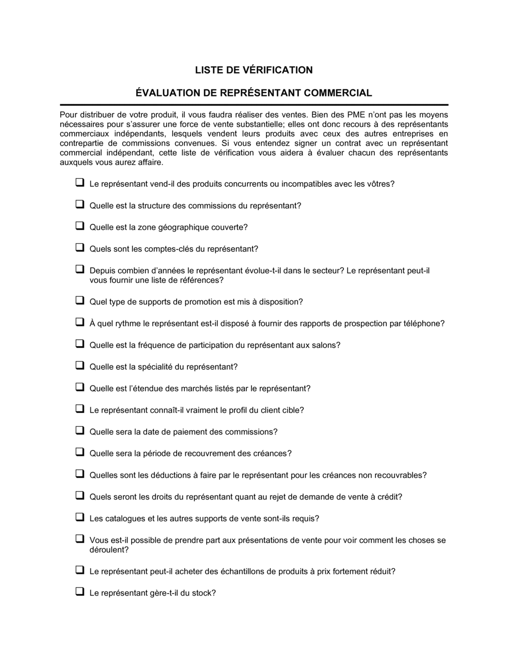 Business-in-a-Box's Liste de vérification Évaluation d'un représentant commercial